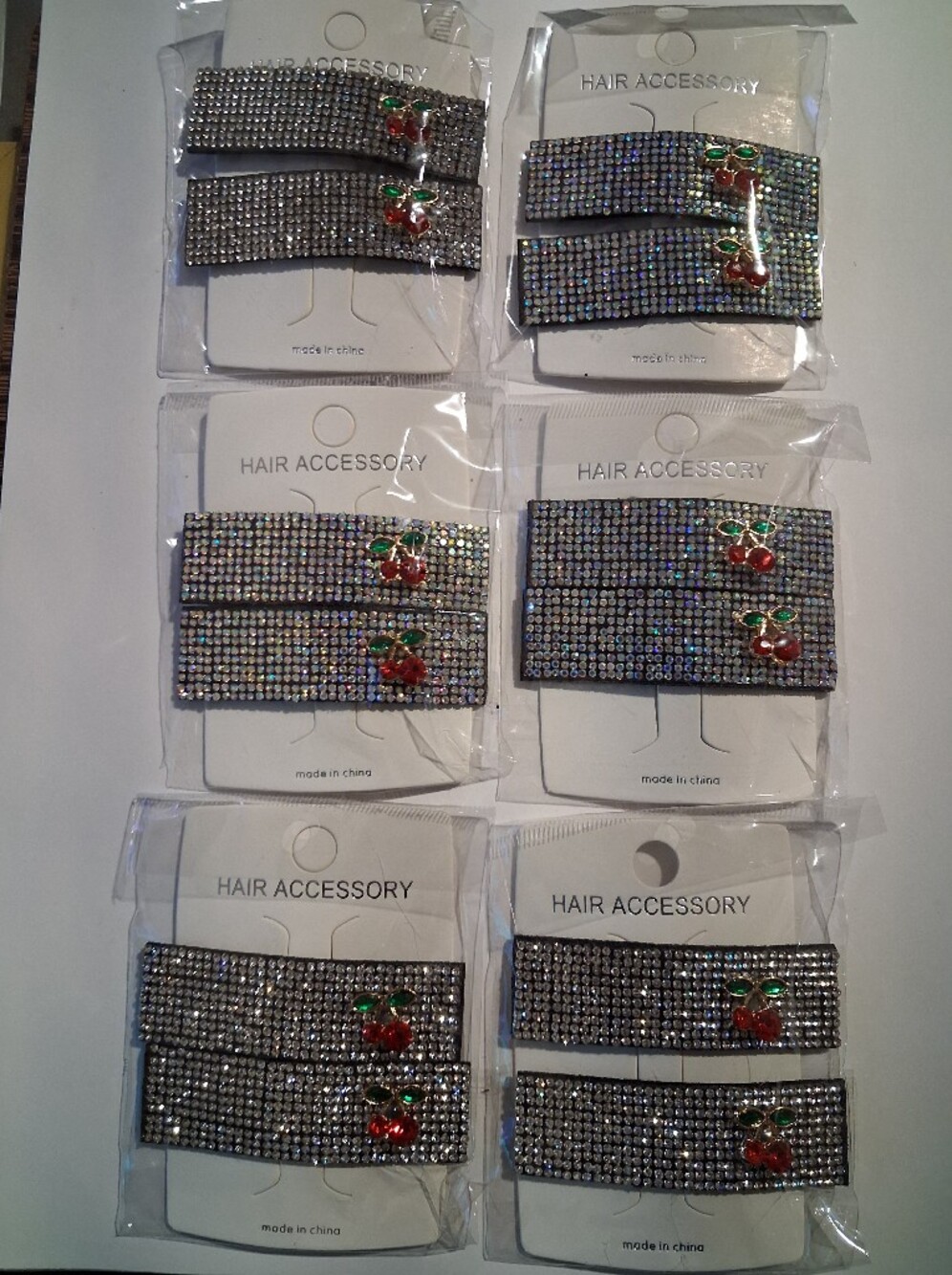 Mint Silver Rhinestone Kids Hair Clips with Red & Green Cherry Accent